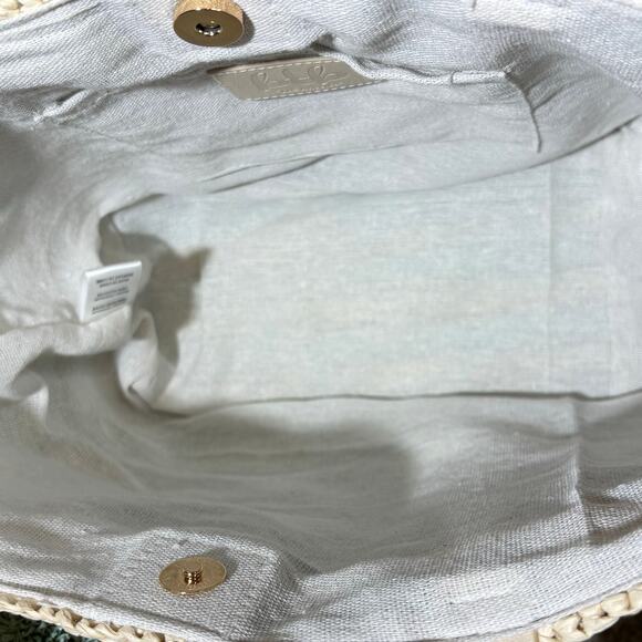 BTB Los Angeles Bria Straw Tote Cream Blue Woven Tote Bag Pom-Poms - Picture 8 of 8